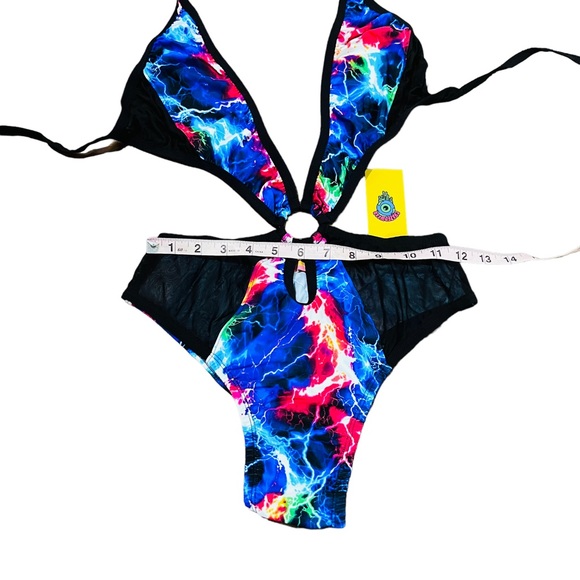 CrazedWear Sol Rainbow Electric Lightning Mesh Plunge Neck O-Ring Rave Bodysuit - Picture 9 of 10